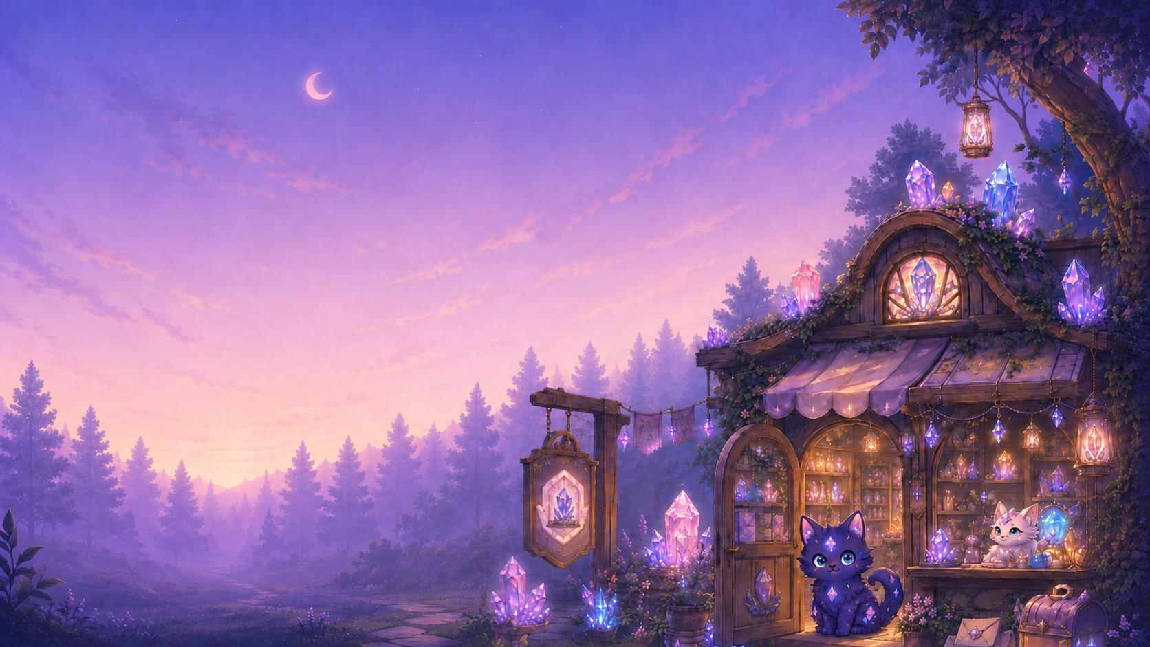 The Quartz Critters crystal shop glowing at twilight, two familiars at the door, a crescent moon over the misty forest